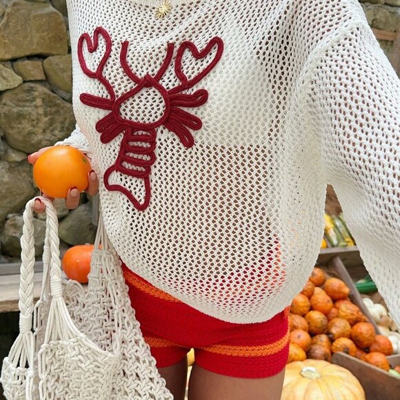 Red and White Casual Women's Oblique Shoulder Sweater with 3D Lobster Design - Picture 4 of 6